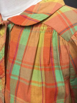 Womens, House Dress, SINCERLY, NATALIE, Orange, Green, Mustard Yellow, Magenta Purple, Cotton, Plaid, M, Short Sleeve,  Snap Front, Peter Pan Collar, Gathered At Shoulder Yoke and Shoulders, Puffy Sleeves with Cuffed Ends, 2 Patch Pockets At Hips, Hem Below Knee, Early 1970's