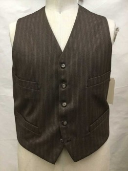 Mens, Vest 1890s-1910s, MTO, Brown, Rust Orange, White, Wool, Stripes, Ch 42, Single Breasted, 5 Buttons, 4 Pockets,