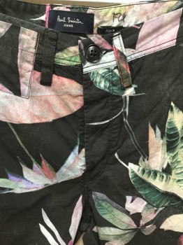 PAUL SMITH, Black, Pink, Gray, Green, Cotton, Floral, Heathered, Black W/heather Pink, Salmon, Green Large Leaves Print, 1-1/2" Waistband, Belt Hoops, 2 Pockets, Button Front,