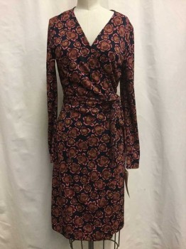 ANNE KLEIN, Navy Blue, Pink, Red Burgundy, Green, Synthetic, Floral, Navy with Pink/ Burgundy/ Green Floral Print, Self Tie Wrap Style, Long Sleeves, V-neck,