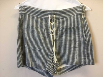 Womens, Shorts, MADEWELL, Dk Blue, White, Cotton, Linen, Stripes - Vertical , W 27, Self Diagonal Blueish-gray/ White Vertical Stripes, 2" Waistband, Cream Lacing Front, 2 Patch Pockets Front