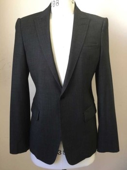 EMPORIO ARMANI, Charcoal Gray, Wool, Spandex, Heathered, Single Breasted, Collar Attached, Peaked Lapel, Hand Picked Collar/Lapel, 3 Pockets, 1 Button