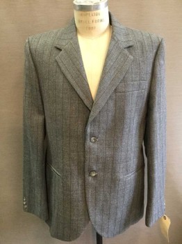 Mens, 1930s Vintage, Suit, Jacket, MARK COSTELLO, Gray, Brown, Wool, Mohair, Stripes, Heathered, 42R, Textured Gabardine, Single Breasted, 3 Pockets, 2 Buttons, Notched Lapel, Multiples, See FC017018 & FC030576