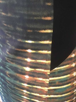 KAREN MILLEN, Multi-color, Charcoal Gray, Yellow, Black, Brown, Silk, Abstract , Photorealism Light Coming Through Blinds Print (Looks Like Horizontal Lines), Sleeveless, V-neck, Sheath, Knee Length, Black Triangular Panels at Side Waist