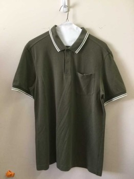 FRED PERRY, Olive Green, White, Cotton, Solid, Cotton Knit with White Stripe Trim at Collar & Cuffs, 1 Pocket,