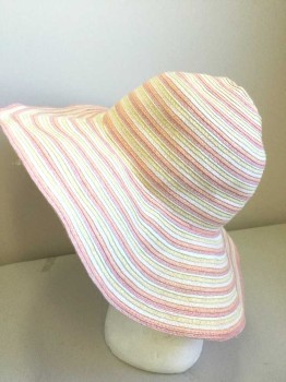 Womens, Straw Hat, N/L, Lt Pink, Peach Orange, Lt Yellow, White, Straw, Stripes - Horizontal , Wide Brim Sun Hat, Horizontal Rows/Striped Straw in Assorted Pastel Tones (Light Pink, Peach, Yellow, White)