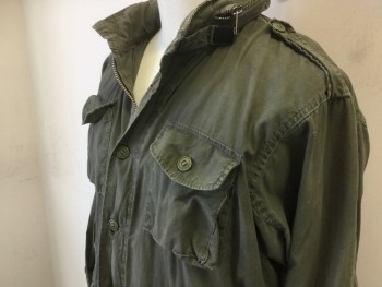 GAP, Lt Olive Grn, Cotton, Solid, Light Olive, Collar Attached W/hood Inside Zipper, 4 Pockets W/flap, Zip and Snap Front, Long Sleeves