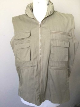 Mens, Wilderness Vest, FOX OUTDOOR, Khaki Brown, Cotton, Solid, L, Twill, Zip Front, Many Pockets/Compartments