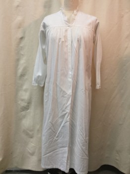 Womens, Nightgown, NO LABEL, White, Cotton, Solid, B38, White, 2 Buttons,  Pleated Yolk, Long Sleeves,