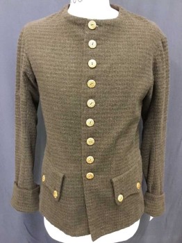 Mens, Historical Fiction Jacket, NL, Brown, Tan Brown, Wool, Heathered, 40, Boiled Wool, 9 Buttons, 3 Button Pocket Flaps, Cuffed Sleeves