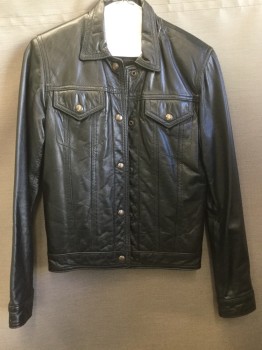 Womens, Leather Jacket, LEATHER FACTORY, Black, Leather, Solid, B32, XS, Snap Front, Snap Flap Pockets, Collar Attached,