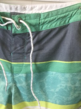 BILLABONG, Green, Faded Black, White, Lime Green, Cotton, Polyester, Stripes - Horizontal , Horizontal Panels/Stripes in Varying Widths, White Lacing/Ties at Center Front, Velcro Closure at Fly, 3 Pockets, 8.5" Inseam