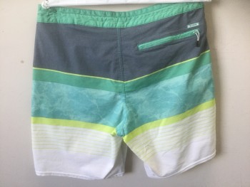 BILLABONG, Green, Faded Black, White, Lime Green, Cotton, Polyester, Stripes - Horizontal , Horizontal Panels/Stripes in Varying Widths, White Lacing/Ties at Center Front, Velcro Closure at Fly, 3 Pockets, 8.5" Inseam
