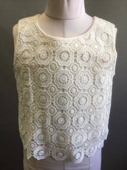 Childrens, Top, AQUA, Cream, Polyester, Abstract , L, Girls , Girls Size, Circle/Scallopped Pattern Lace Over Opaque Underlayer, Sleeveless, Cropped Length, Scoop Neck
