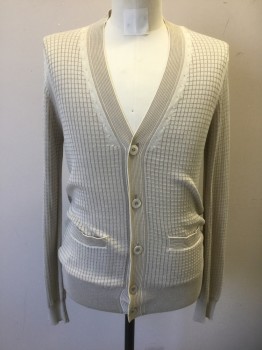 TOM FORD, Beige, Silk, Cotton, Solid, Grid , Self Grid Texture Lightweight Knit, Long Sleeves, V-neck, 5 Buttons, 3 Patch Pockets