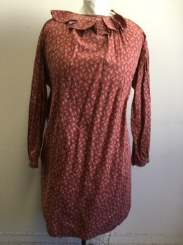 Womens, Historical Fiction Blouse, N/L, Maroon Red, Cream, Cotton, Floral, L, Round Ruffle Collar, Keyhole Back, Long Sleeves, Gathered at Inset, Side Seam Slits