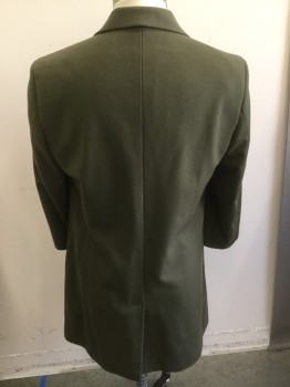 Mens, Coat, Overcoat, HART SCHAFFNER MARX, Olive Green, Wool, Solid, 40R, Notched Lapel, Button Front, Slit Pockets, (missing 3 Buttons)