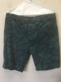 ASOS, Teal Green, Navy Blue, Brown, Cotton, Geometric, Triangles Pattern, Twill, Button Fly, 9" Inseam, 4 Pockets, Belt Loops