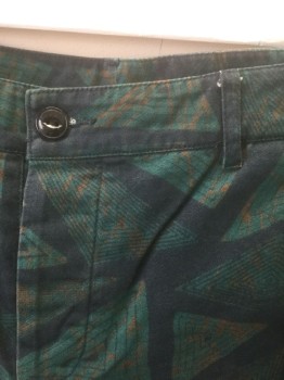 ASOS, Teal Green, Navy Blue, Brown, Cotton, Geometric, Triangles Pattern, Twill, Button Fly, 9" Inseam, 4 Pockets, Belt Loops