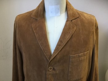 FACONNABLE, Caramel Brown, Suede, Solid, 3 Buttons,  3 Pockets, Notched Lapel, Elbow Patches