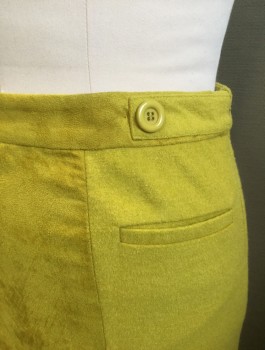 COOPERATIVE, Chartreuse Green, Wool, Polyester, Solid, Fuzzy Texture, 1" Self Waistband, Self Straps with Decorative Buttons at Side Waist, 2 Small Welt Pockets, Invisible Zipper at Side