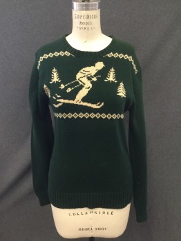 AMERICAN LIVING, Forest Green, Cream, Cotton, Holiday, Dark Green with Knit Skier, Ribbed Knit Crew Neck, Long Sleeves, Ribbed Knit Cuff/Waistband