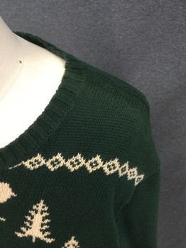 AMERICAN LIVING, Forest Green, Cream, Cotton, Holiday, Dark Green with Knit Skier, Ribbed Knit Crew Neck, Long Sleeves, Ribbed Knit Cuff/Waistband