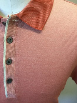 COLLEZIONI, Orange, Cotton, Pique Knit, Short Sleeves, Darker Orange Collar Attached, 4 Buttons