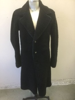 Mens, Coat, Overcoat, N/L, Black, Fleece, Solid, 36L, Lambs Fleece, 3 Large Buttons (**Missing 1), Wide Notched Lapel, Gray Suede Thin Edging at Lapel, 2 Pockets, Seam at Waist, Cotton Lining,