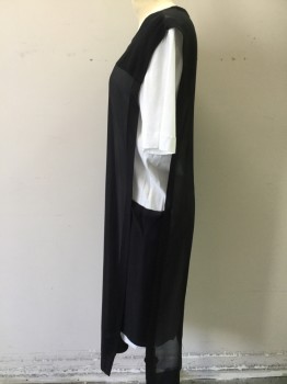 DKNY, Black, White, Silk, Viscose, Color Blocking, Sheer Black Tunic Over White Short Sleeve Tshirt Dress, Zip Back
