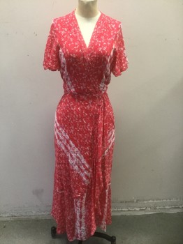 TANYA TAYLOR, Coral Pink, White, Purple, Silk, Cotton, Abstract , Bright Coral Pink with White Abstract (Floral?) Pattern, Small Specks of Purple, Textured Chiffon, Short Flutter Sleeves, Wrapped V-neck, Vertical Ruffle Down Front Side (Faux Wrap Dress Look), Self Ties at Waist, Mid Calf Length