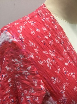 TANYA TAYLOR, Coral Pink, White, Purple, Silk, Cotton, Abstract , Bright Coral Pink with White Abstract (Floral?) Pattern, Small Specks of Purple, Textured Chiffon, Short Flutter Sleeves, Wrapped V-neck, Vertical Ruffle Down Front Side (Faux Wrap Dress Look), Self Ties at Waist, Mid Calf Length