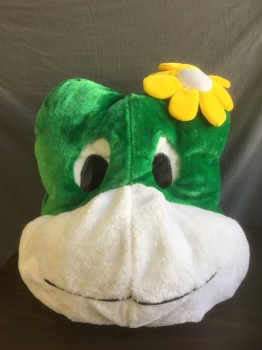 Unisex, Walkabout, N/L, Green, White, Yellow, Polyester, Solid, Color Blocking, Slv:37, C:50, Frog Walkabout HEAD- Green Furry/Plush Material with White Mouth Area, Large White and Black Cartoon Eyes with Mesh Pupils, Yellow and White Flower on Head, Package Includes Body And Spats, 65" From Base Of Neck To Ankle, Should Fit Up To 6'2"