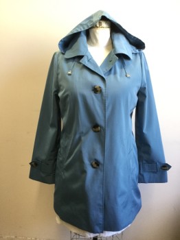 LONDON FOG, French Blue, Polyester, Solid, Single Breasted, Collar Attached, Long Sleeves, Button Tab Cuffs, Button Detachable Hood
