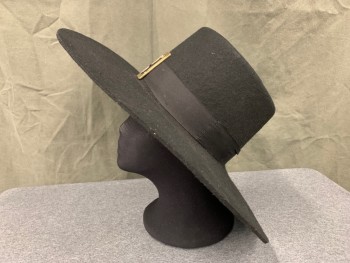 Mens, Historical Fiction Hat , N/L, Black, Wool, Solid, 6 5/8, Flat Crown, Flat Brim, Faille Hat Band, Art Deco Style Buckle