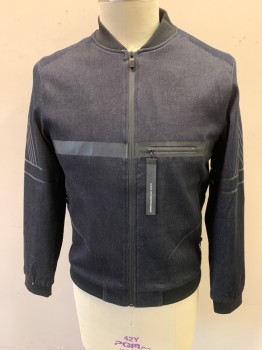MAGINO ADONIS, Dk Blue, Cotton, Polyester, Solid, Dark Blue Denim, Zip Front, Black Bomber Ribbed Knit Collar, 3 Pockets, Ribbed Knit Cuff/Waistband, Black Rubber Stripes in Various Places