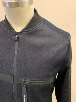 MAGINO ADONIS, Dk Blue, Cotton, Polyester, Solid, Dark Blue Denim, Zip Front, Black Bomber Ribbed Knit Collar, 3 Pockets, Ribbed Knit Cuff/Waistband, Black Rubber Stripes in Various Places