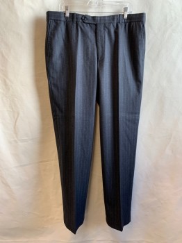 SPIROS, Charcoal Gray, White, Wool, Stripes - Pin, Flat Front, Zip Fly, Button Tab Closure, 4 Pockets, Belt Loops