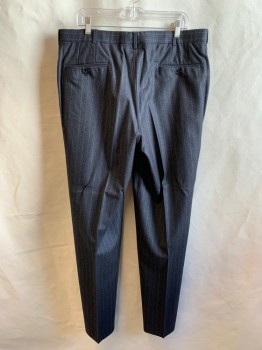 SPIROS, Charcoal Gray, White, Wool, Stripes - Pin, Flat Front, Zip Fly, Button Tab Closure, 4 Pockets, Belt Loops