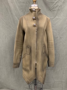 Womens, Sci-Fi/Fantasy Coat/Robe, NICO DIDONNA, Lt Brown, Synthetic, Grid , Solid, B 40, 2, Textured Woven, Zip Front, High Collar, 3 Button Loops at Neck Closure, 2 Deep Pockets, Pointy Asymmetrical Hem, Long Sleeves, Zip Cuff, Zip Center Back Seam, Aged/Distressed