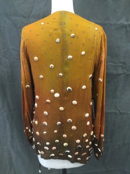 Unisex, Sci-Fi/Fantasy Top, MTO, Turmeric Yellow, Orange, Brown, Cotton, Ombre, Leaves/Vines , L, Ombre Leaf Pattern, Painted Plastic Shells Glue Attached, Wrap Front with 2 Side Ties, V-neck, Long Sleeves Gathered a Elbows,