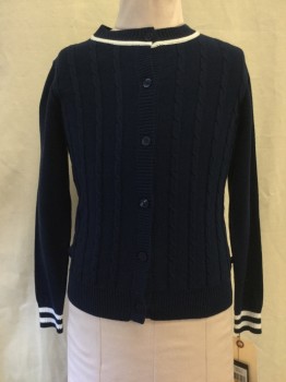 Childrens, Cardigan Sweater, TOMMY HILFIGER, Navy Blue, White, Cotton, Cable Knit, Stripes, 7, S, Cable Knit Detail, White Stripped Trim
