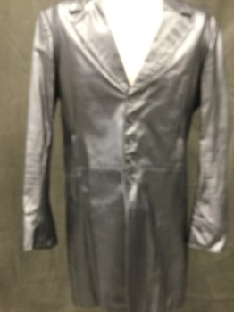Mens, Coat, Leather, LORDS, Silver, Metallic, Solid, 40, Knee Length, 2 Pockets, 5 Grey Buttons, Flared Cuffs, 3 Button Holes on Lapel.