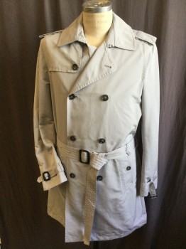 BANANA REPUBLIC, Lt Gray, Polyester, Solid, 3/4 Length, C.A., Double Breasted, 9 Button Front, 1 Flap with 1 Button on Right Shoulder, Epaulettes, 2 Slant Pockets, Long Sleeves with Short Belt & Black Leather Rectangle Buckle, DETACHAB