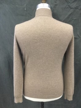 CLUB ROOM, Lt Brown, Cashmere, Heathered, 1/2 Zip Front, Stand Collar, Ribbed Knit Collar/Cuff/Waistband, Long Sleeves