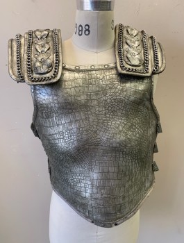 Mens, Historical Fiction Piece 1, N/L MTO, Silver, Fiberglass, Metallic/Metal, Reptile/Snakeskin, Swirl , C:36-8, Dionysis Roman God/Warrior, Chest Plate: Faux Metal, Reptile Texture Front, with Molded Chest Muscles,  Adjustable Side Straps, Removable Shoulder Pieces with Velcro Attachments, Made To Order