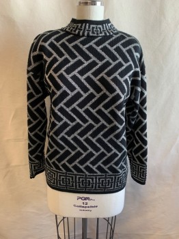 Womens, Sweater, KAREN SCOTT, Black, Silver, Acrylic, Rectangles, Geometric, B40, Mock Neck, Long Sleeves, Shoulder Pads