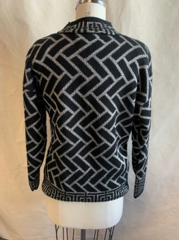Womens, Sweater, KAREN SCOTT, Black, Silver, Acrylic, Rectangles, Geometric, B40, Mock Neck, Long Sleeves, Shoulder Pads