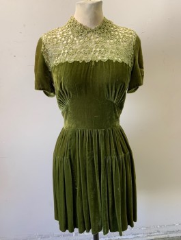 Womens, Dress, Short Sleeve, N/L MTO, Avocado Green, Rayon, Solid, W:26, B:32, Velour, Short Sleeves with Ruched Detail, See-Through Lace with Sequins at Chest, with Lace Collar Attached, Gathered Bust and Waist, Fabric Buttons in Back, Hem Above Knee, Retro/Vintage Inspired