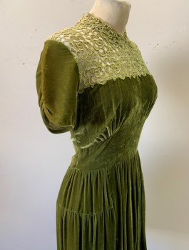 Womens, Dress, Short Sleeve, N/L MTO, Avocado Green, Rayon, Solid, W:26, B:32, Velour, Short Sleeves with Ruched Detail, See-Through Lace with Sequins at Chest, with Lace Collar Attached, Gathered Bust and Waist, Fabric Buttons in Back, Hem Above Knee, Retro/Vintage Inspired